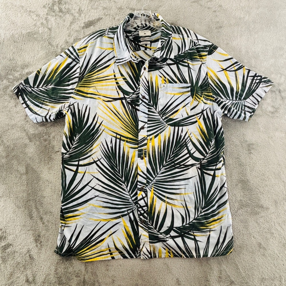 Quiksilver Tropical Palm Leaf Shirt Mens XL Regular Fit White Green Short Sleeve